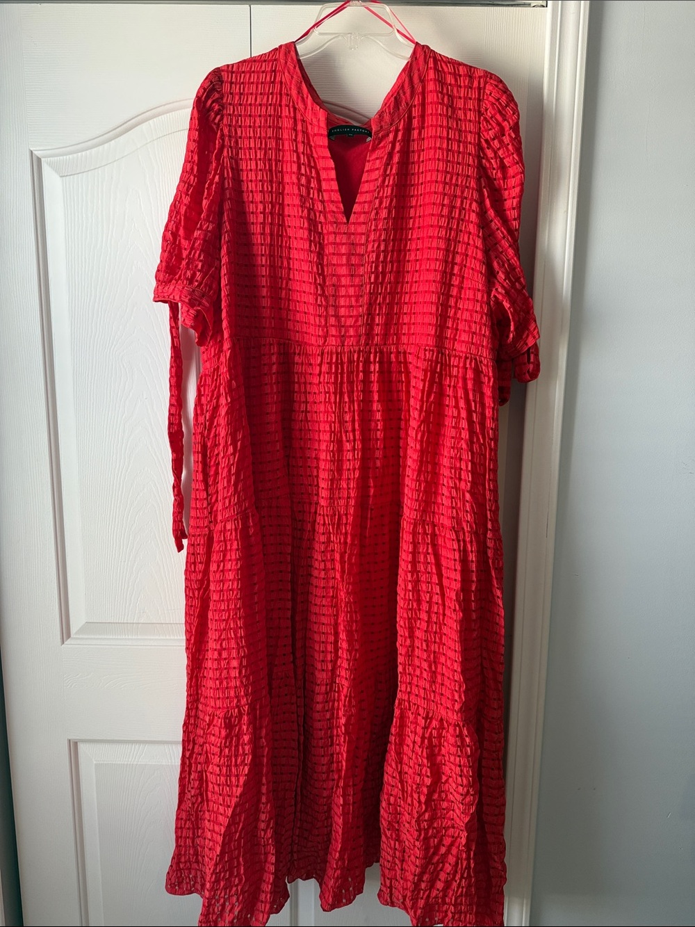 English Factory Red Textured Midi Dress with V-Neck and Tie Sleeves